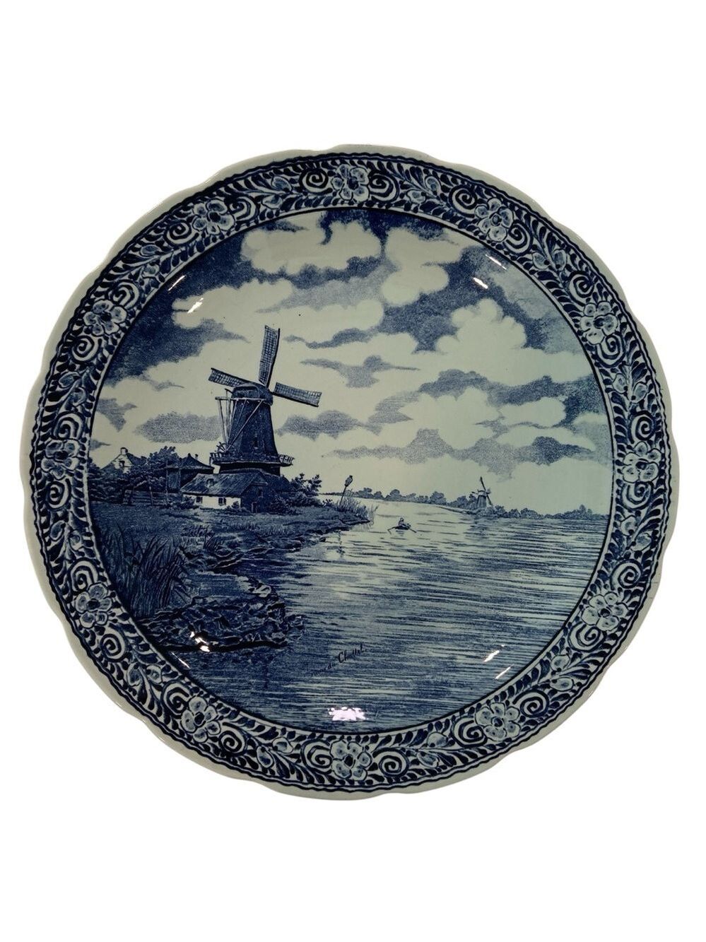 Vintage Nour du Chattel Boch Belgium Delft Blue &White Windmill Scene Decorative